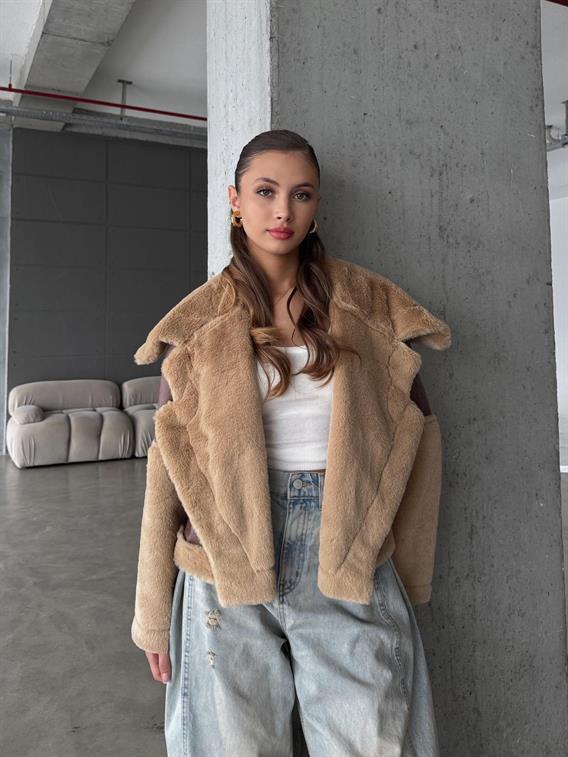 Ranira Geniş Yaka Kol Peluş Süet Eskitme Kahve-Bej Mont