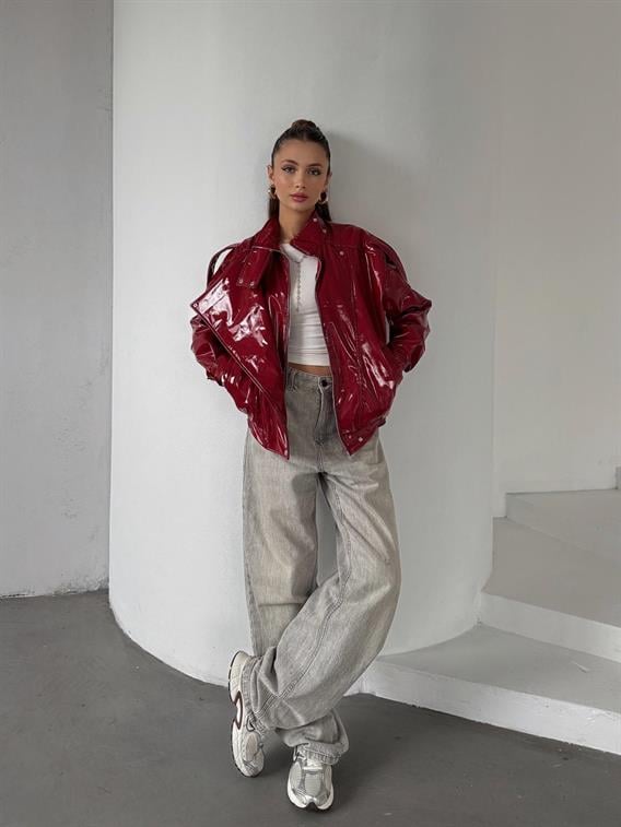Ravix Rugan Beli Lastik Detay Oversize Kırmızı Deri Ceket
