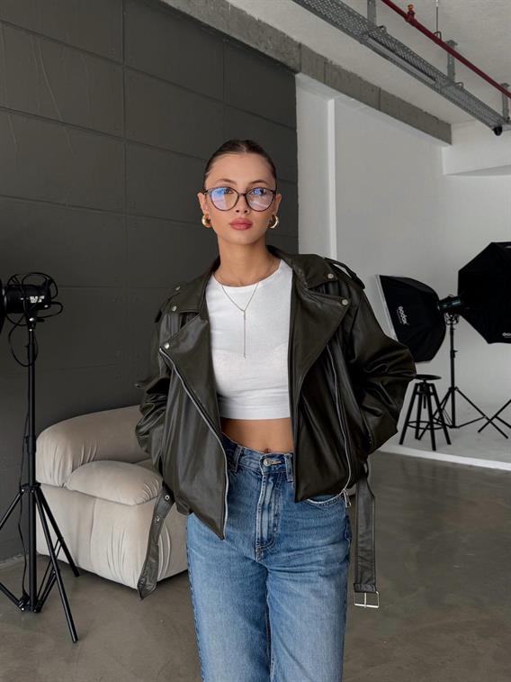 Rebel Kemer Detay Haki Oversize Biker Deri Ceket
