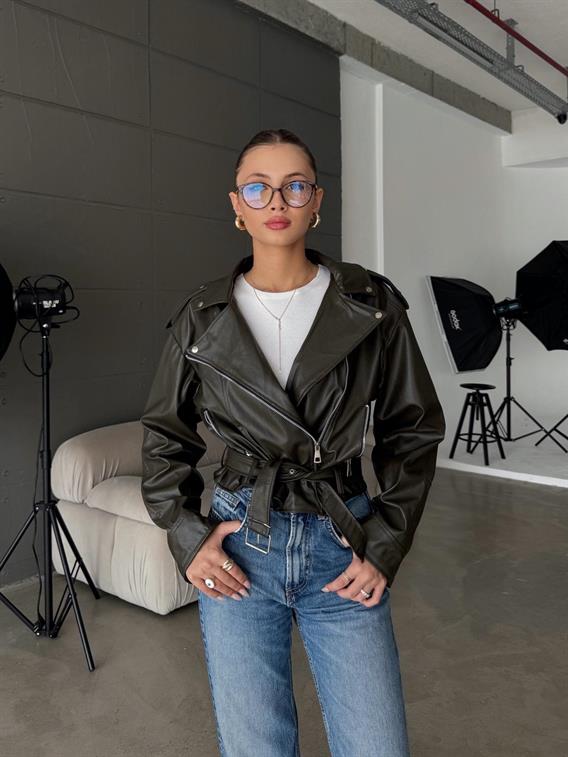 Rebel Kemer Detay Haki Oversize Biker Deri Ceket