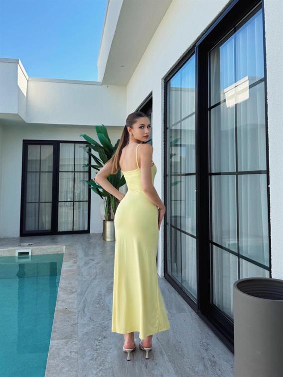Rubina Askılı Sarı Uzun Elbise