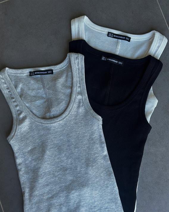 Sandra Tam Boy Oval Yaka Gri Dikiş Detay Üst