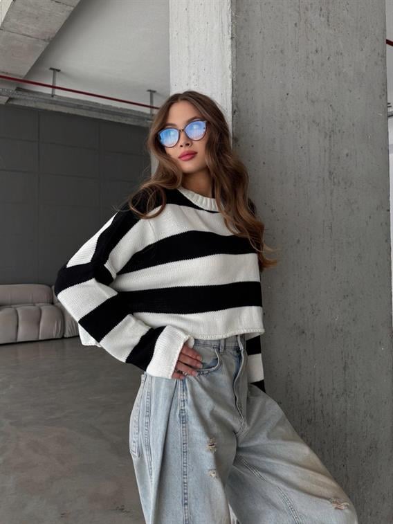 Sulo Krem Bisiklet Yaka Çizgili Triko Kazak