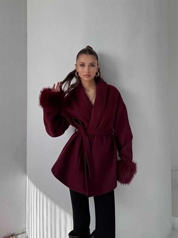 Tarenne Kolları Kürk Detay Bağlamalı Bordo Kaşe Kimono