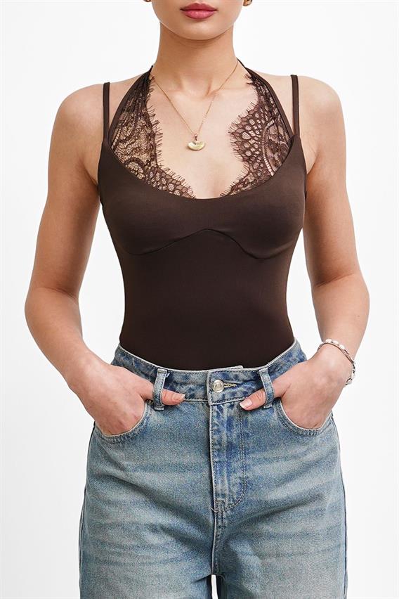 THEOW Dantel Detaylı Kahve Bodysuit