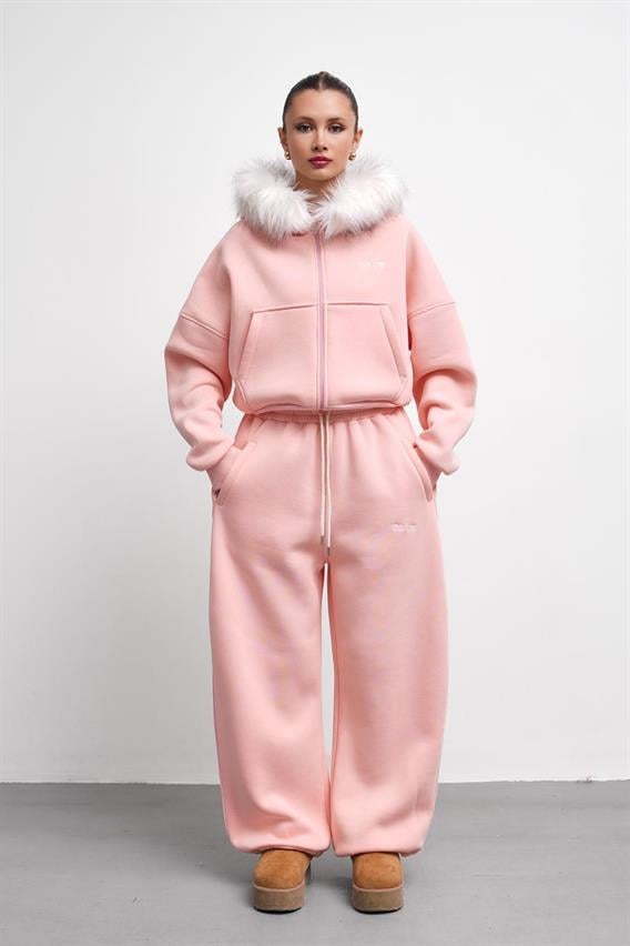 THEOW Kürk Detaylı Oversize Toz Pembe Eşofman Takımı