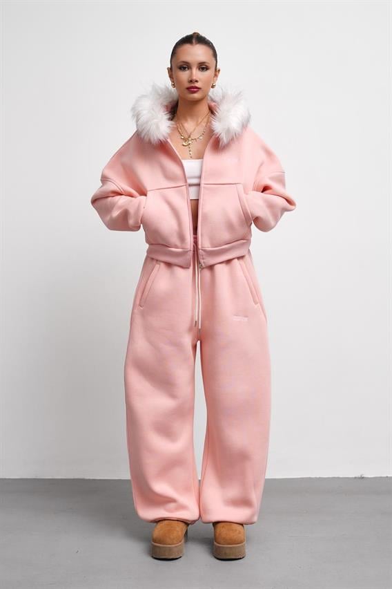 THEOW Kürk Detaylı Oversize Toz Pembe Eşofman Takımı