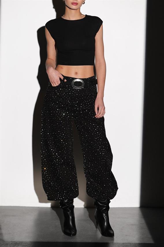 THEOW Madison Siyah Taşlı Wide Leg Jean