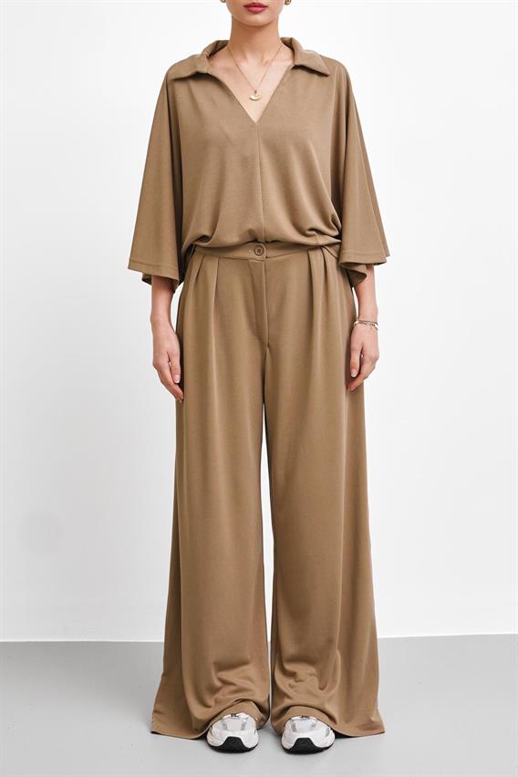 THEOW Polo Yaka Yarasa Kol Camel Pantolon Takım 