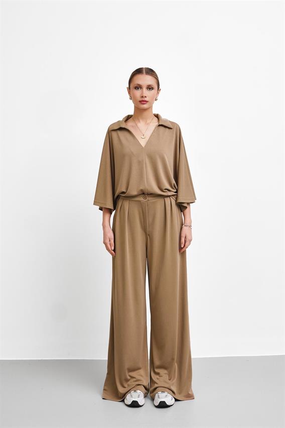 THEOW Polo Yaka Yarasa Kol Camel Pantolon Takım 