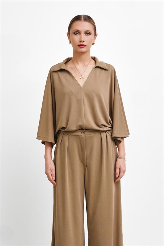 THEOW Polo Yaka Yarasa Kol Camel Pantolon Takım 