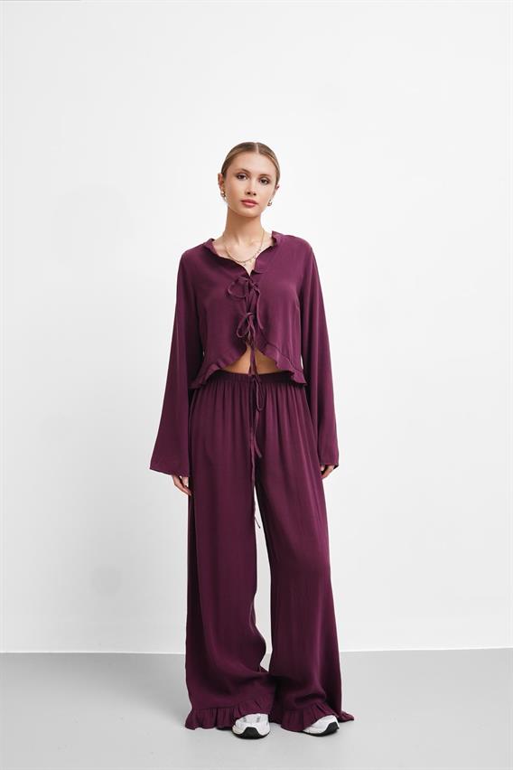 THEOW Viyana Fırfır Detay Bağlamalı Bluz Bordo Takım 