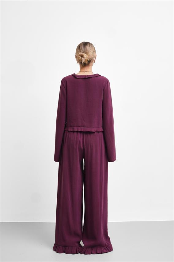 THEOW Viyana Fırfır Detay Bağlamalı Bluz Bordo Takım 