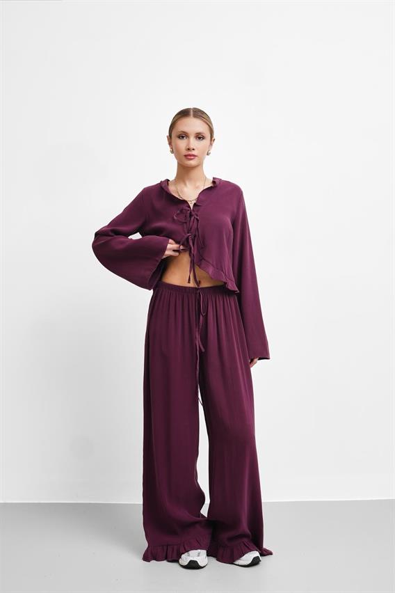 THEOW Viyana Fırfır Detay Bağlamalı Bluz Bordo Takım 