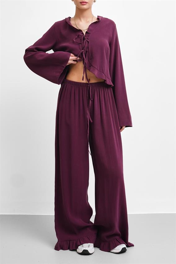 THEOW Viyana Fırfır Detay Bağlamalı Bluz Bordo Takım 