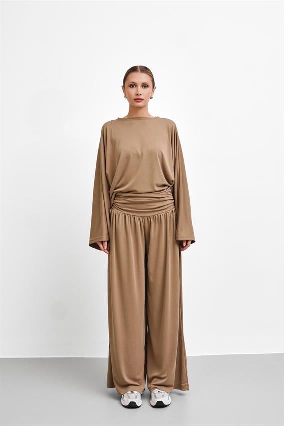 THEOW Yarasa Kol Bel Büzgü Detay Camel Takım 