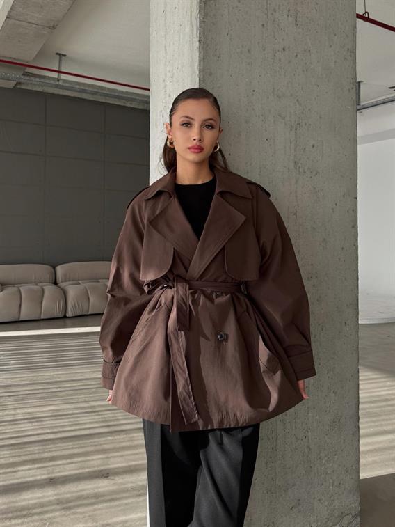 Valisca Kruvaze Yaka Düğme Detay Kahve Kısa Trençkot