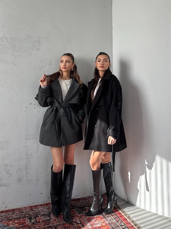 Verris Antrasit Apoletli Oversize Kaşe Kısa Kaban