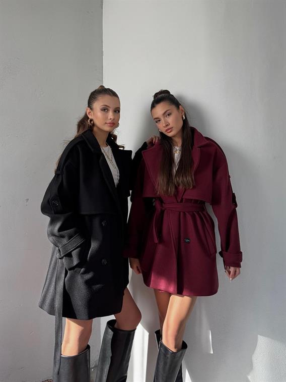 Verris Bordo Apoletli Oversize Kaşe Kısa Kaban