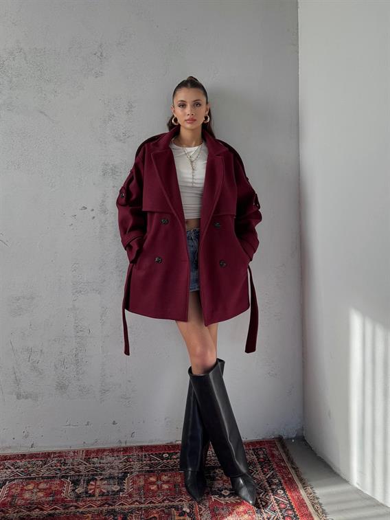 Verris Bordo Apoletli Oversize Kaşe Kısa Kaban