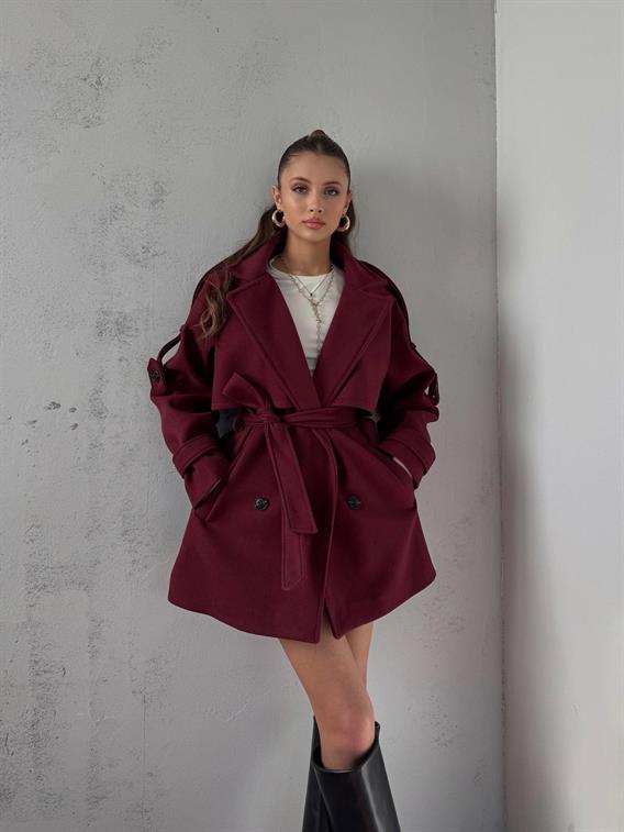 Verris Bordo Apoletli Oversize Kaşe Kısa Kaban