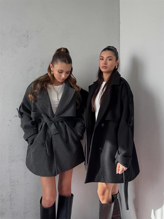 Verris Siyah Apoletli Oversize Kaşe Kısa Kaban