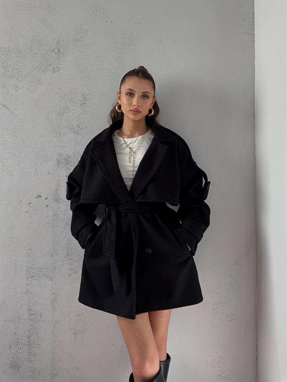 Verris Siyah Apoletli Oversize Kaşe Kısa Kaban