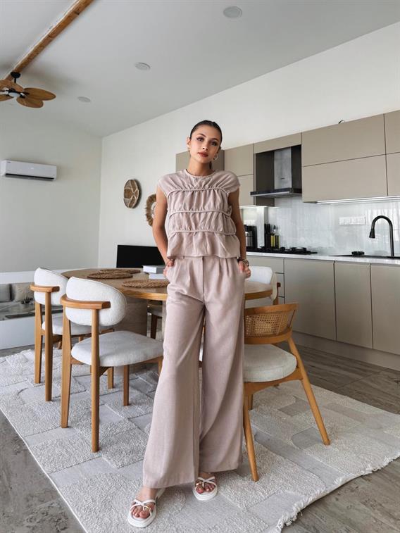 Zuria Bej Sıfır Kol Dikiş Detay Keten Bluz Takım