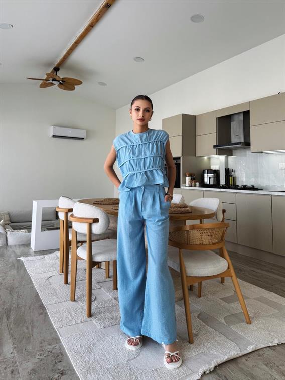 Zuria Mavi Sıfır Kol Dikiş Detay Keten Bluz Takım