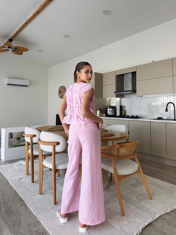 Zuria Pembe Sıfır Kol Dikiş Detay Keten Bluz Takım