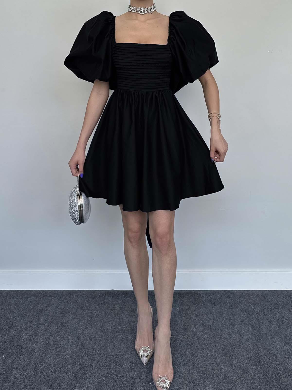 Gloria Balon Kol Siyah Mini Elbise | oykuwear.com.tr