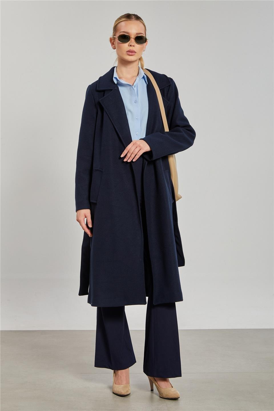 Beli kuşaklı regular fit kaşe kaban-6637 - Lacivert