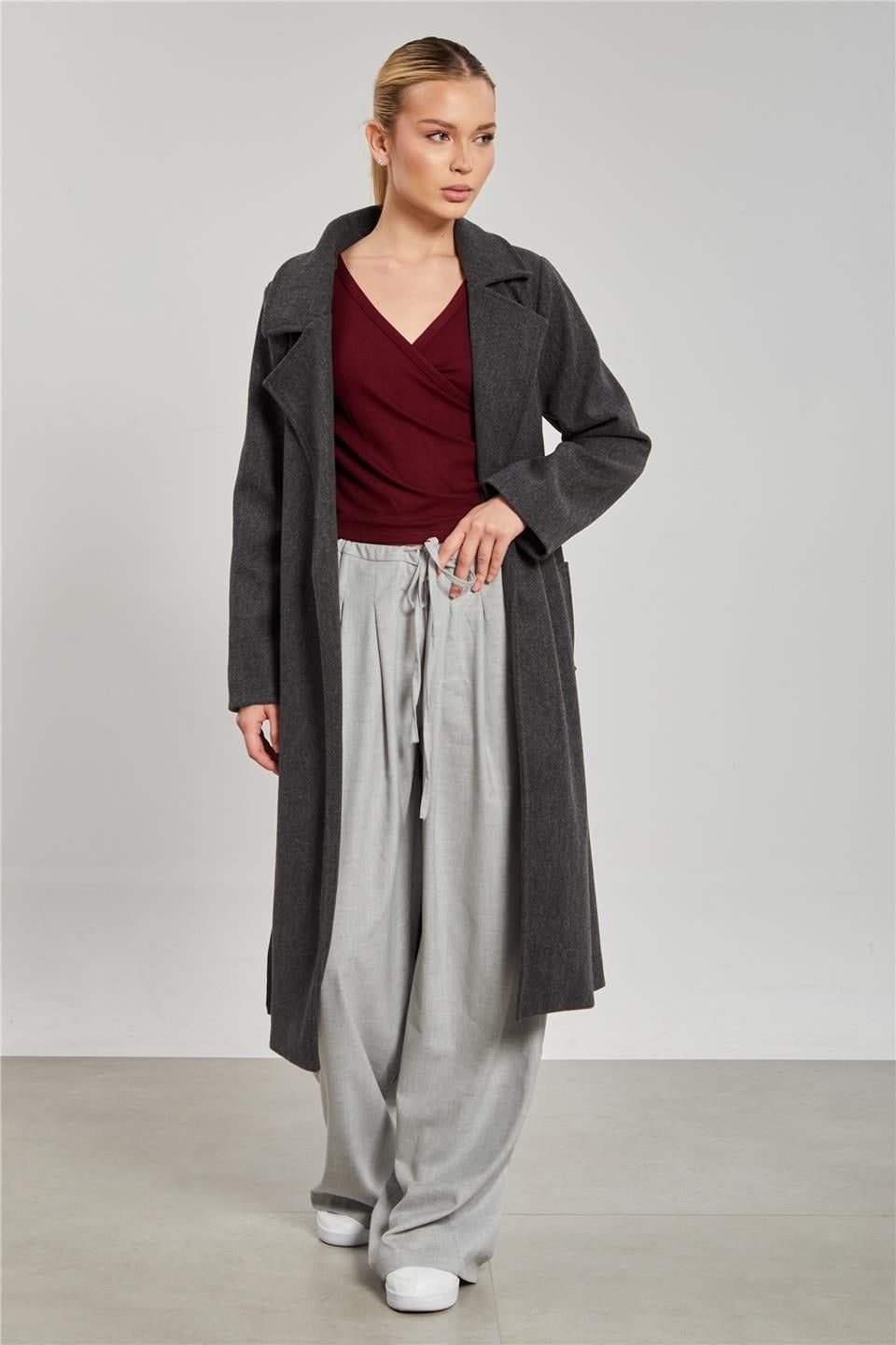 Beli kuşaklı regular fit kaşe kaban-6637 - Antrasit