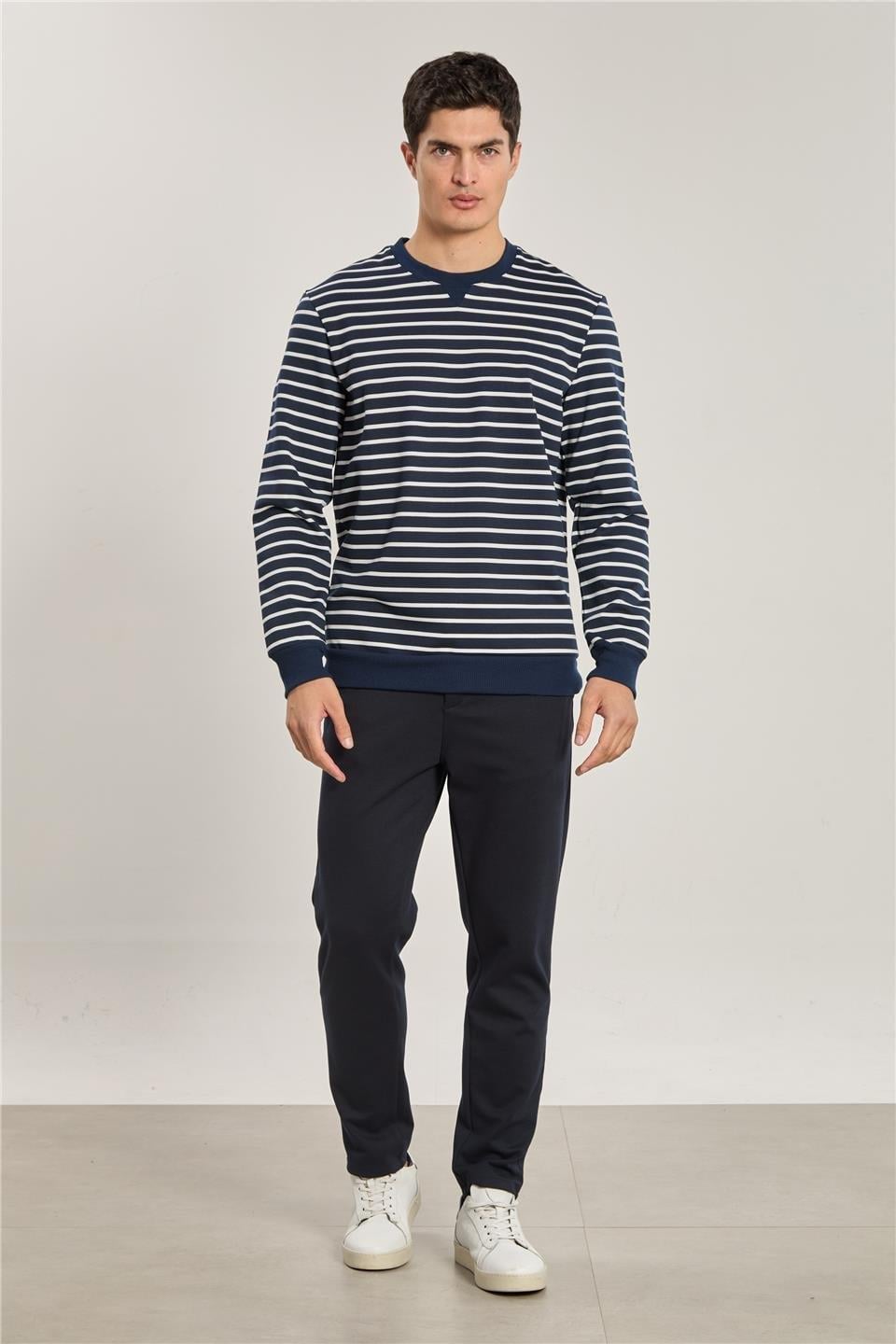 Bisiklet yaka çizgili sweat-6498AX - Lacivert/Beyaz