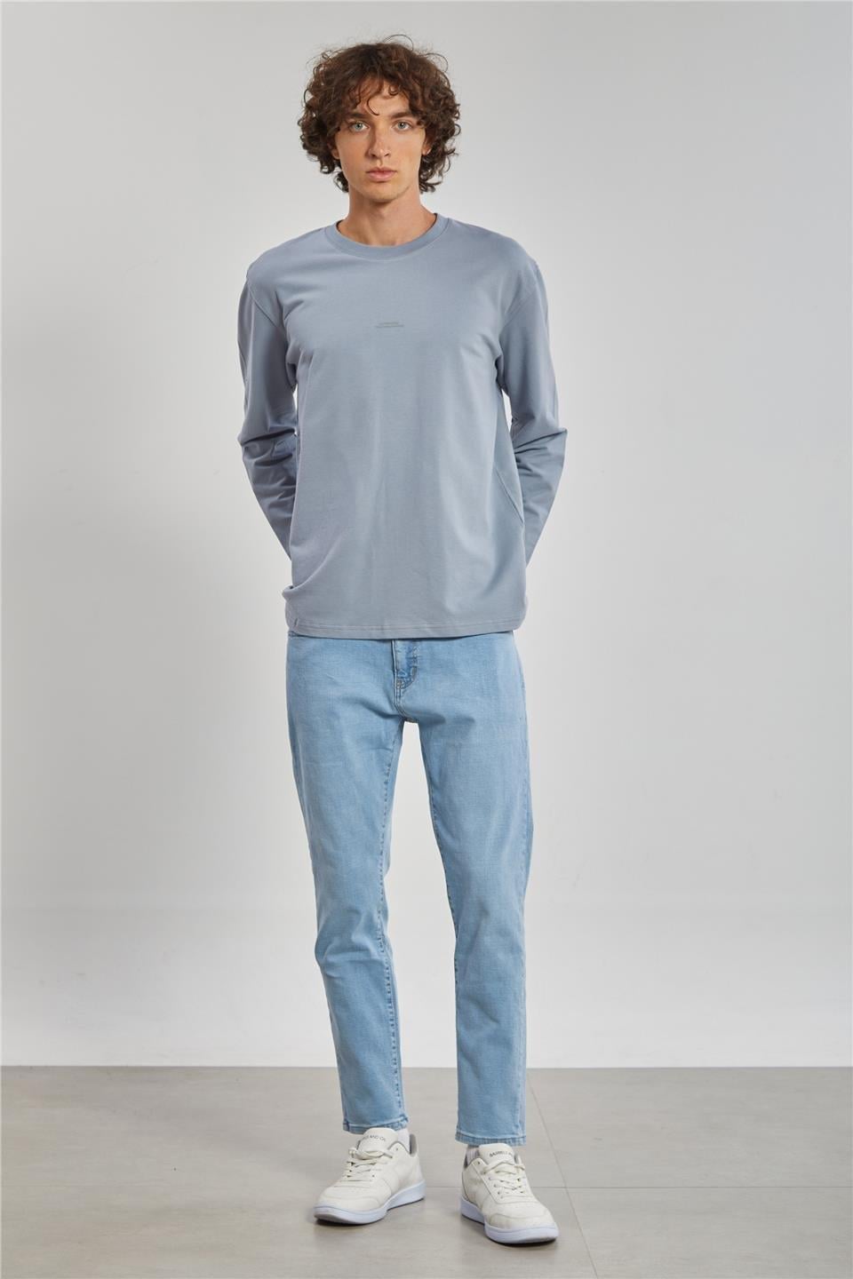 Bisiklet yaka sweat-5725-1 - Açık Gri