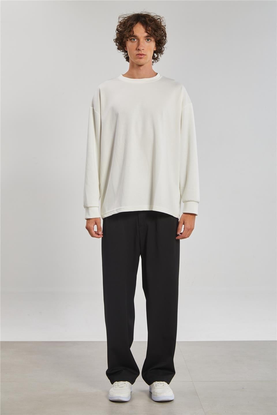 Bisiklet yaka sweatshirt-9057 - Ekru
