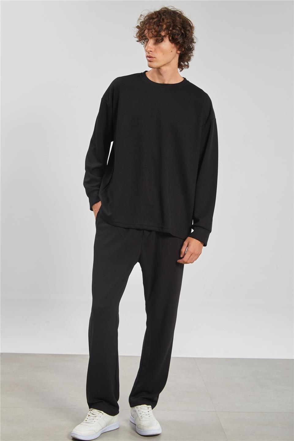 Bisiklet yaka sweatshirt-9057 - Siyah