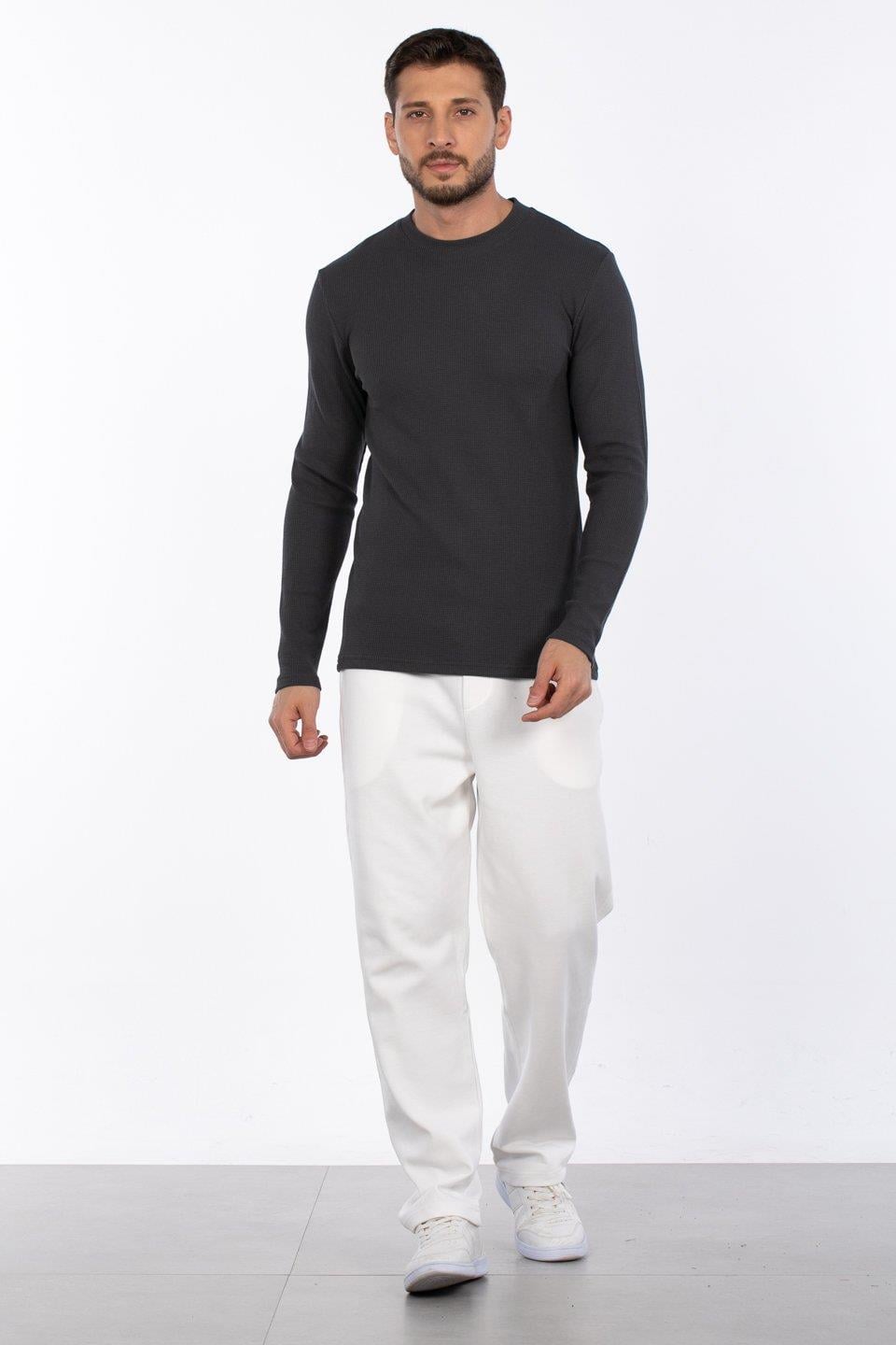 Bisiklet yaka waffal sweat-5073-2 - Antrasit