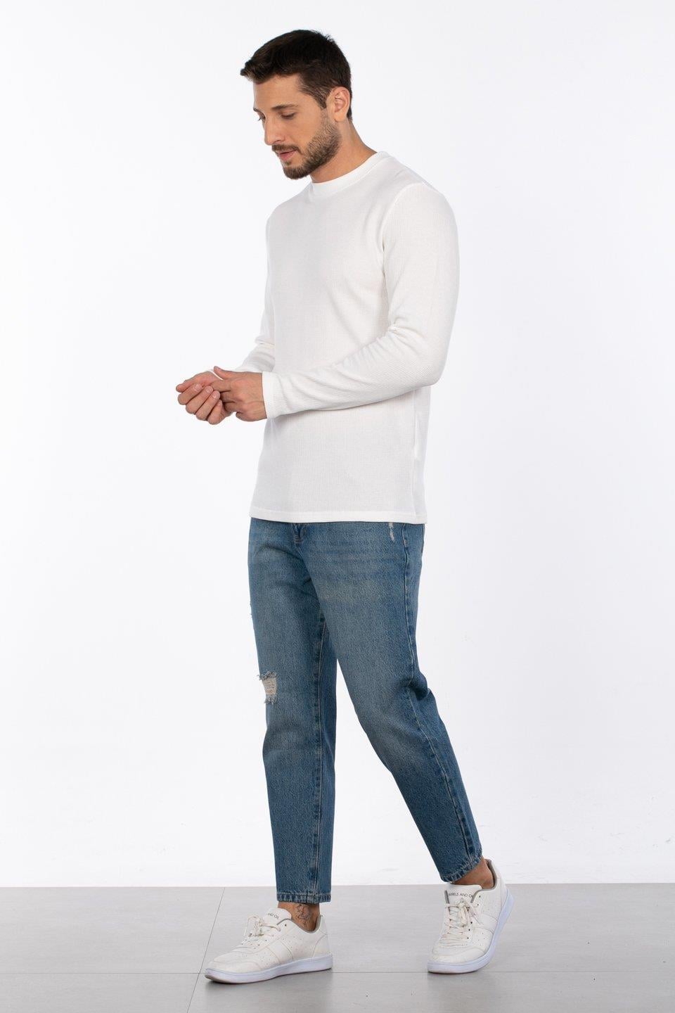 Bisiklet yaka waffal sweat-5073-2 - Ekru
