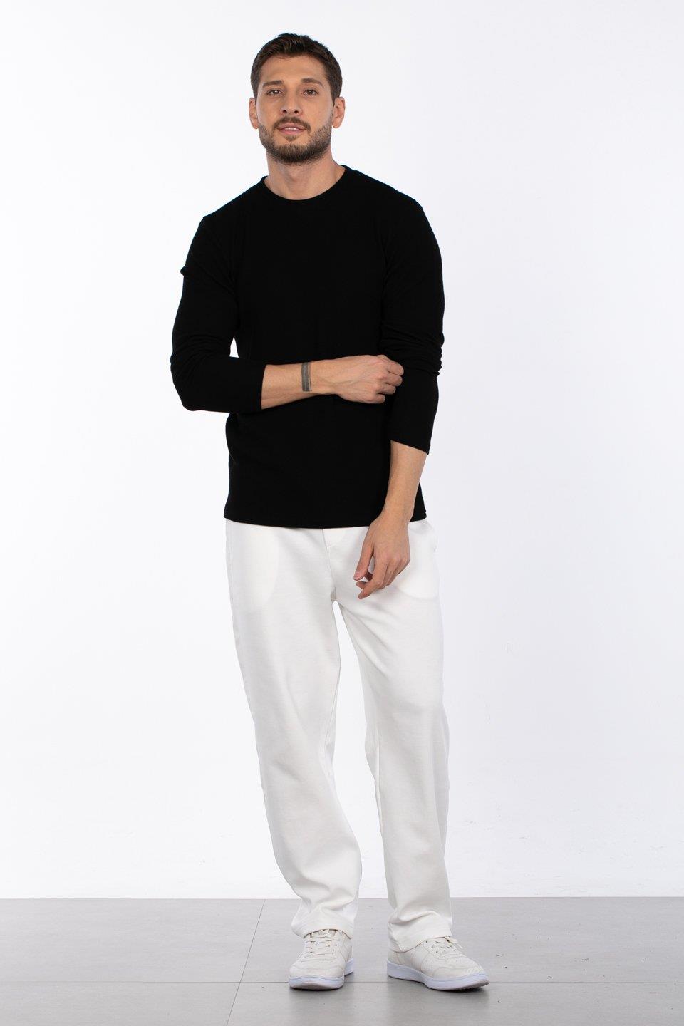Bisiklet yaka waffal sweat-5073-2 - Siyah
