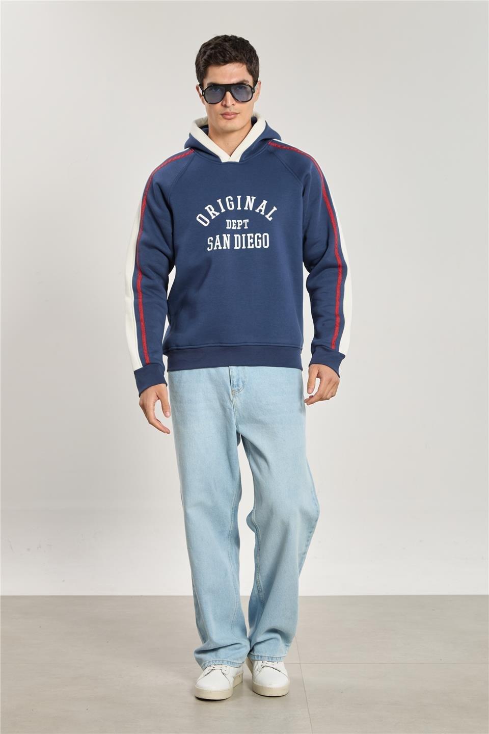 Biyeli garnilii kapüşonlu sweatshirt-1157 - Lacivert/Ekru
