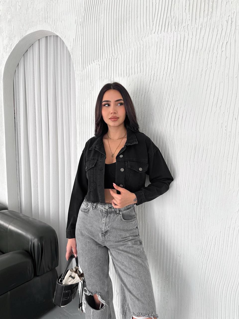 ÇİFT CEPLİ KISA KOT CEKET-1567 - SİYAH