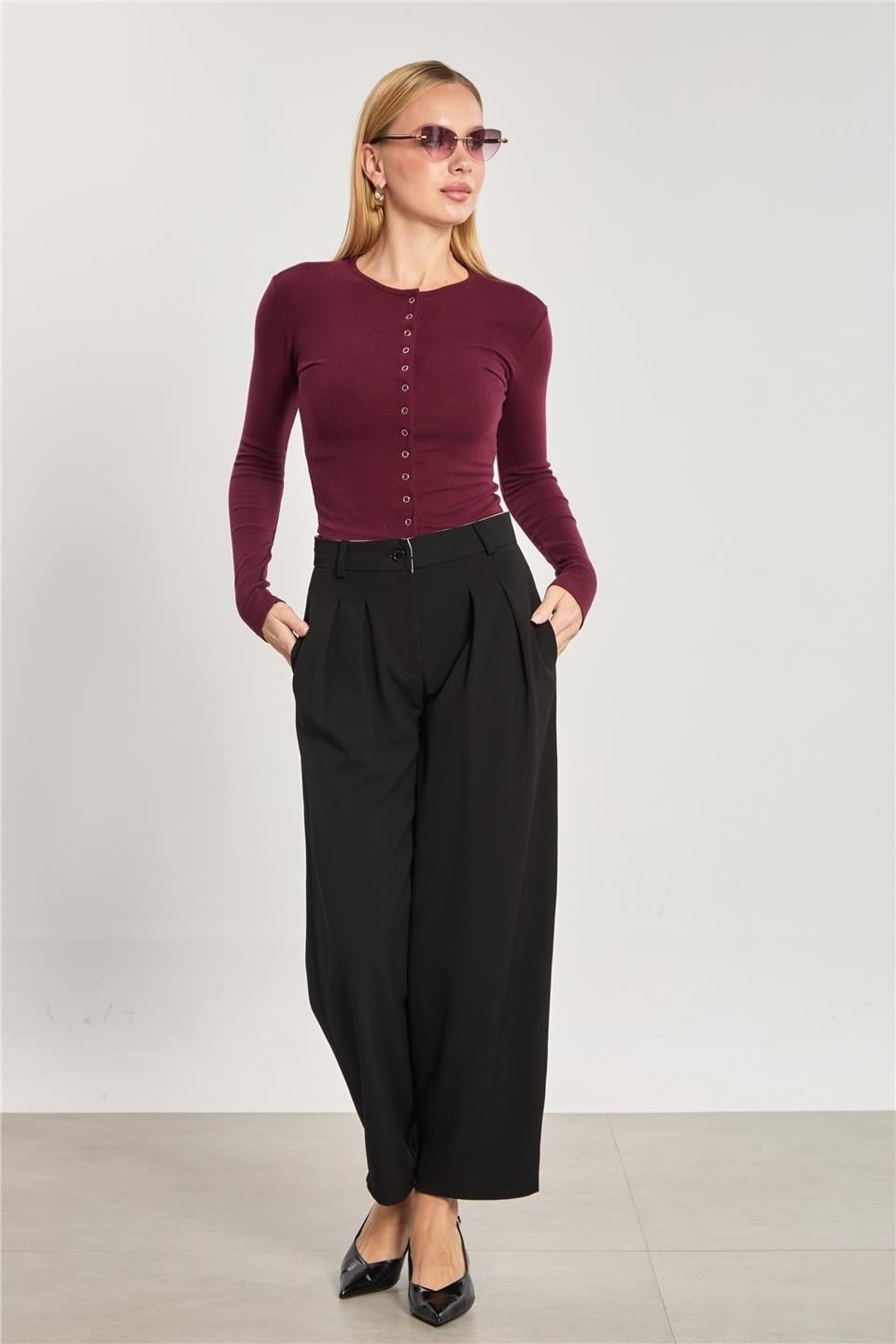Çıtçıtlı uzun kol body-4460 - Bordo
