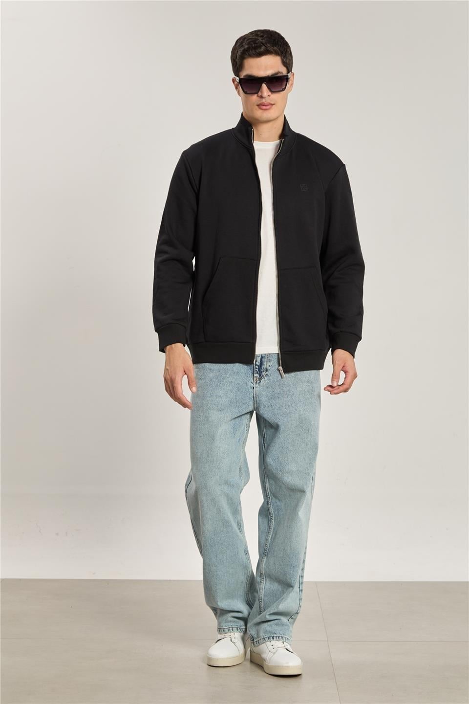 Dik yaka fermuarlı sweatshirt-1104 - Siyah