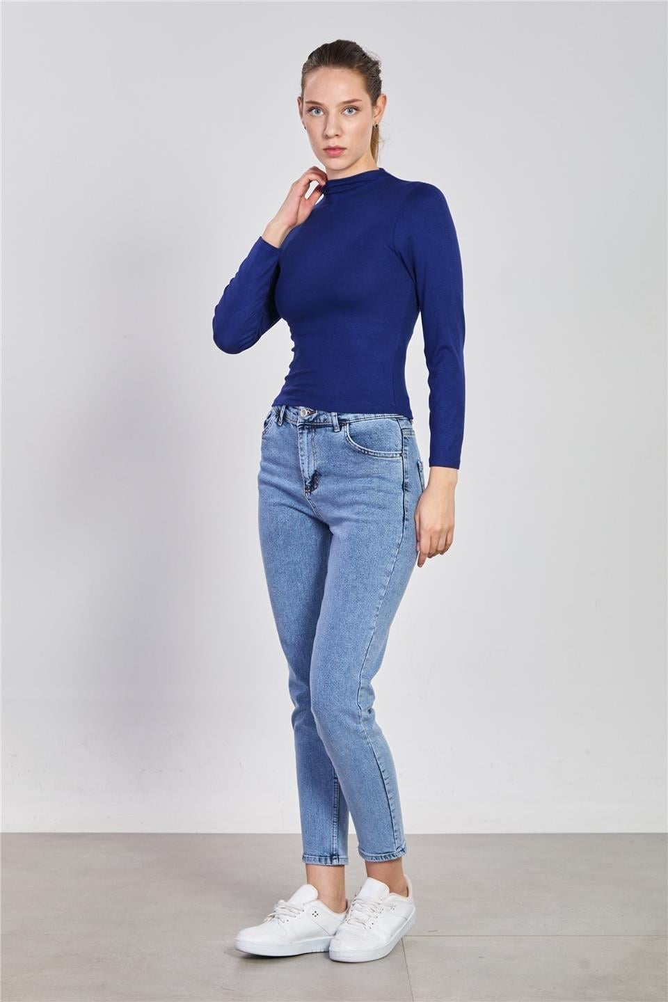 Dik yaka uzun kol body-6493 - Lacivert
