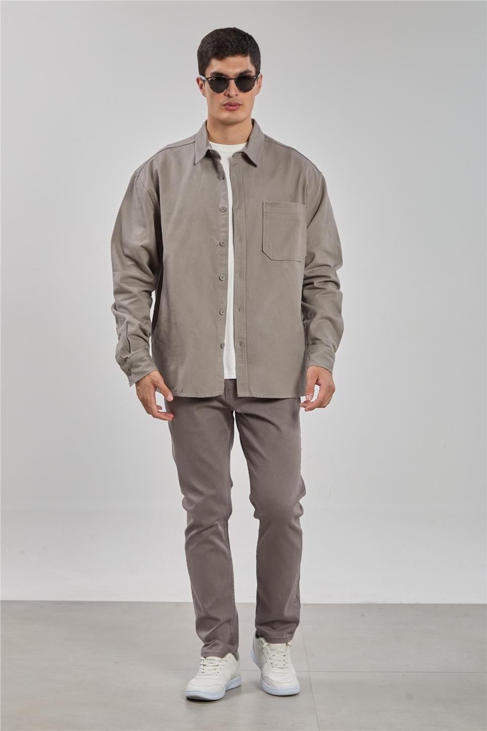Gabardin uzun kol gömlek-9059 - Gri