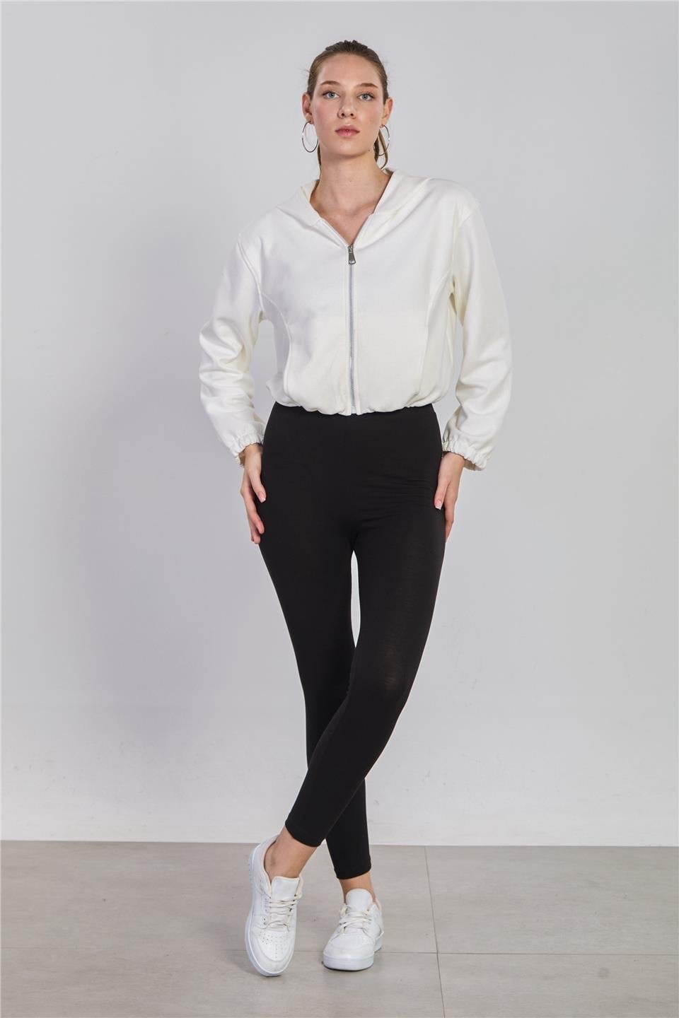 Kapüşonlu fermuarlı sweatshirt-10680 - Ekru