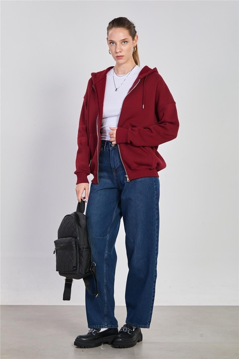 Kapüşonlu fermuarlı sweatshirt-DVN0032 - Vişne