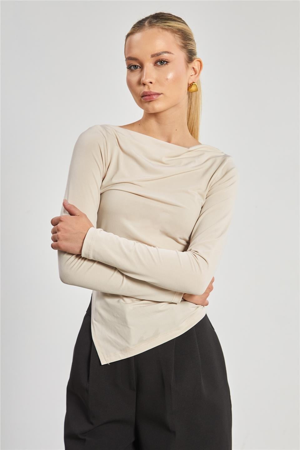 Kayık yaka uzun kollu body-10128 - Taş