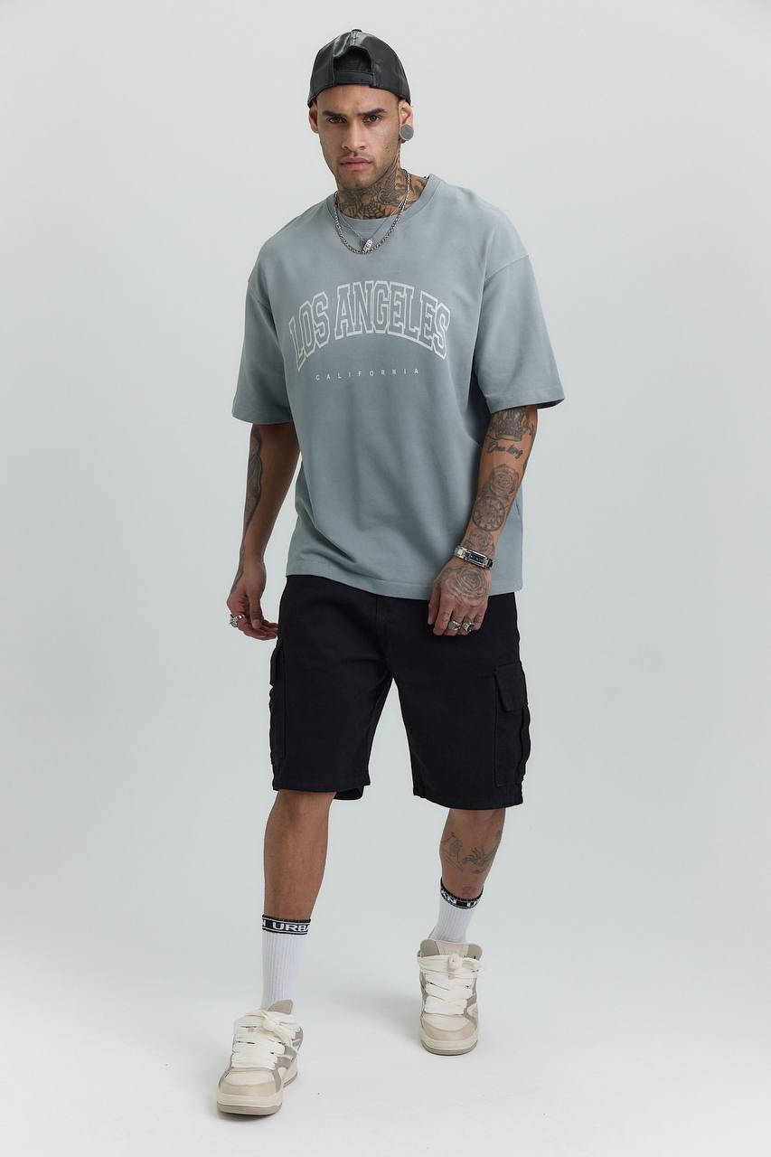 LOS ANGELES BASKILI YIKAMALI T-SHIRT-3030 - B. GRİ